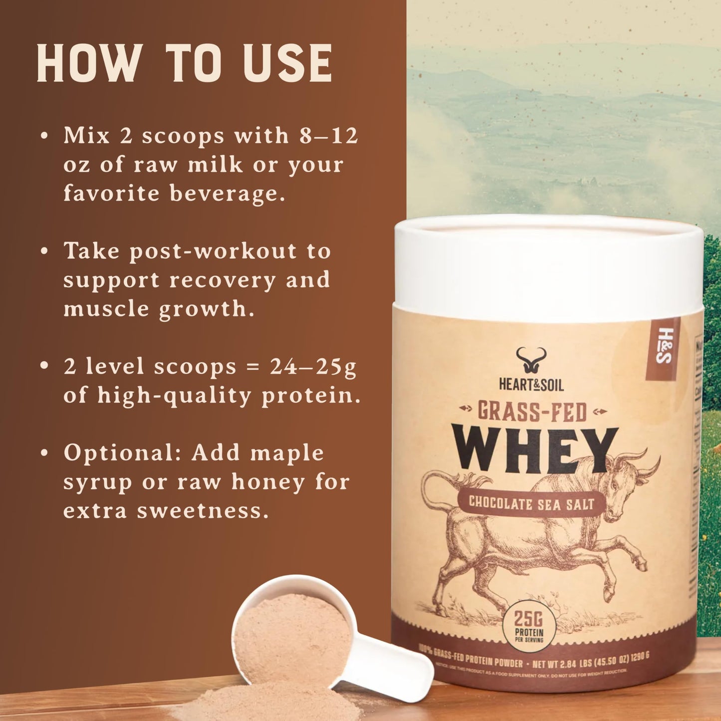100% Grass Fed Whey Chocolate Protein Powder – Only Four Ingrediants, Absolutely Nothing Artificial – 25g of Grass Fed Whey Protein Per Serving – Clean Post Workout Recovery Powder – 2.84 lbs
