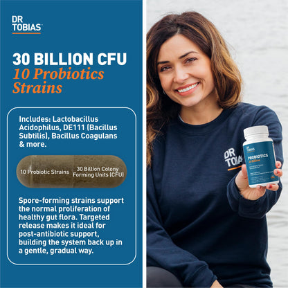 Dr. Tobias Probiotics 30 Billion, 10 Strains, 30 Billion CFU's, Targeted Release Probiotics for Women & Men, Supports Digestive Health, Shelf-Stable, Dr. Tobias