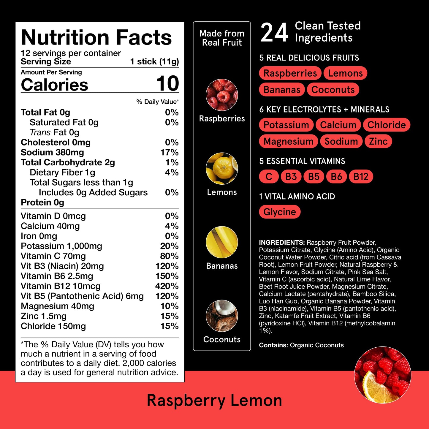 DryWater Electrolyte Powder Packets, Raspberry Lemon - Stevia-Free Hydration Packets Drink Mix with Zero Added Sugar for Rehydration & Energy - 6 Key Electrolytes DryWater