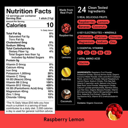 DryWater Electrolyte Powder Packets, Raspberry Lemon - Stevia-Free Hydration Packets Drink Mix with Zero Added Sugar for Rehydration & Energy - 6 Key Electrolytes DryWater