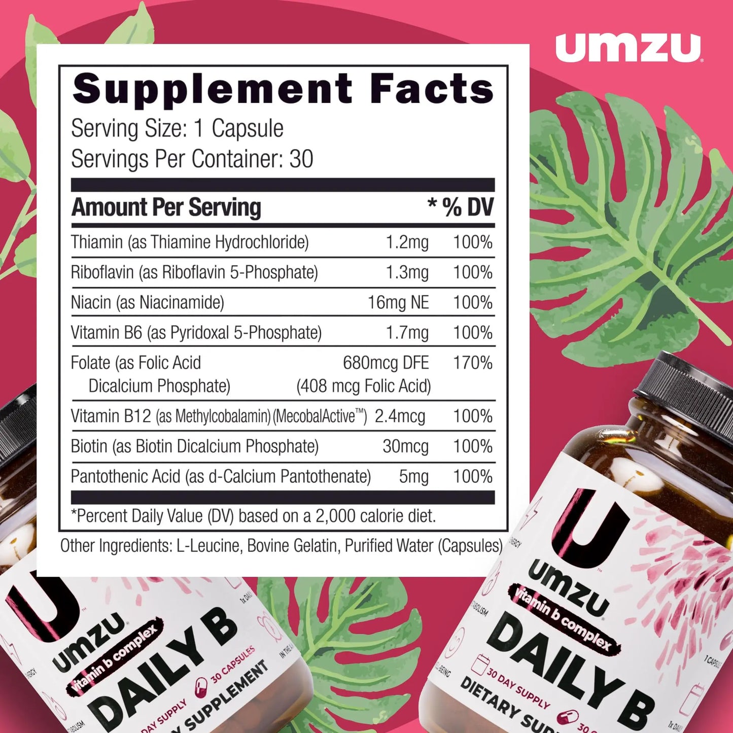 UMZU Daily B, 30 Day Supply – Complete Vitamin B Complex Supplement Blend with B1, B2, B3, B5, B6, B7, B9 & B12 Plus Folic Acid & Biotin – Supports Energy, Focus, Mood, UMZU