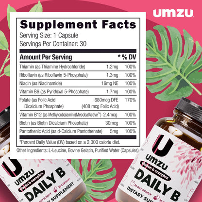 UMZU Daily B, 30 Day Supply – Complete Vitamin B Complex Supplement Blend with B1, B2, B3, B5, B6, B7, B9 & B12 Plus Folic Acid & Biotin – Supports Energy, Focus, Mood, UMZU