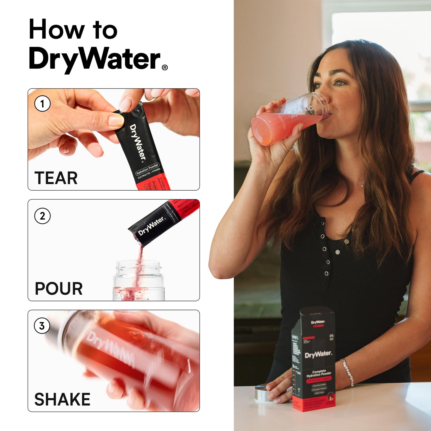 DryWater Electrolyte Powder Packets, Raspberry Lemon - Stevia-Free Hydration Packets Drink Mix with Zero Added Sugar for Rehydration & Energy - 6 Key Electrolytes DryWater