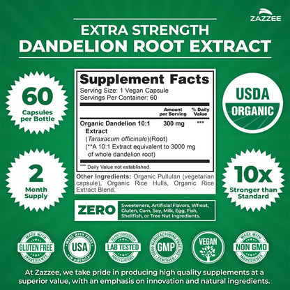 Zazzee USDA Organic Dandelion Root 10:1 Extract, 120 Capsules | 4 Month Supply, Liver & Detox Support, Taraxacum Officinale, Organic Herbal Supplement, All-Natural, Non-GMO, Made in the USA Gsupps Australia