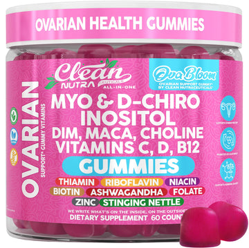 OVA Bloom Ovarian Support Gummies Myo Inositol D-Chiro Inositol Choline Flax Biotin Riboflavin Thiamin Niacin Ashwagandha DIM Maca Root Vitamin C D3 B12 Zinc 60 Count By Clean Nutra Clean Nutraceuticals buy australia supplements