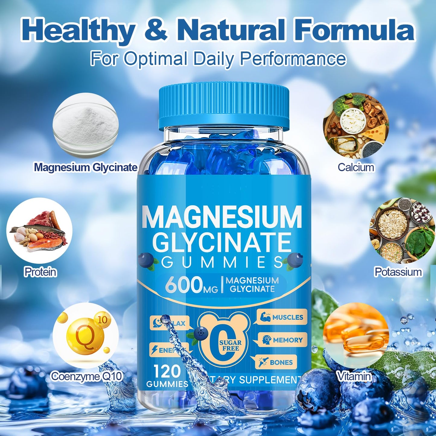 Magnesium Glycinate Gummies 600mg, Chewable Sugar Free Potassium Magnesium Gummies with Manganese Glycinate, Vitamin D, B6, and CoQ10 for Calm Suppor Cytona