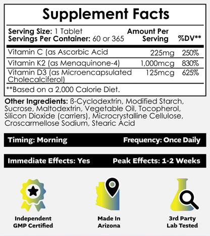 Nootropics Depot Vitamin D3 + K2 with Vitamin C Tablets | 60 Count | Cholecalciferol + Menaquinone-4 (MK-4) | Mood, & Bone Health | Healthy Calcium Absorption