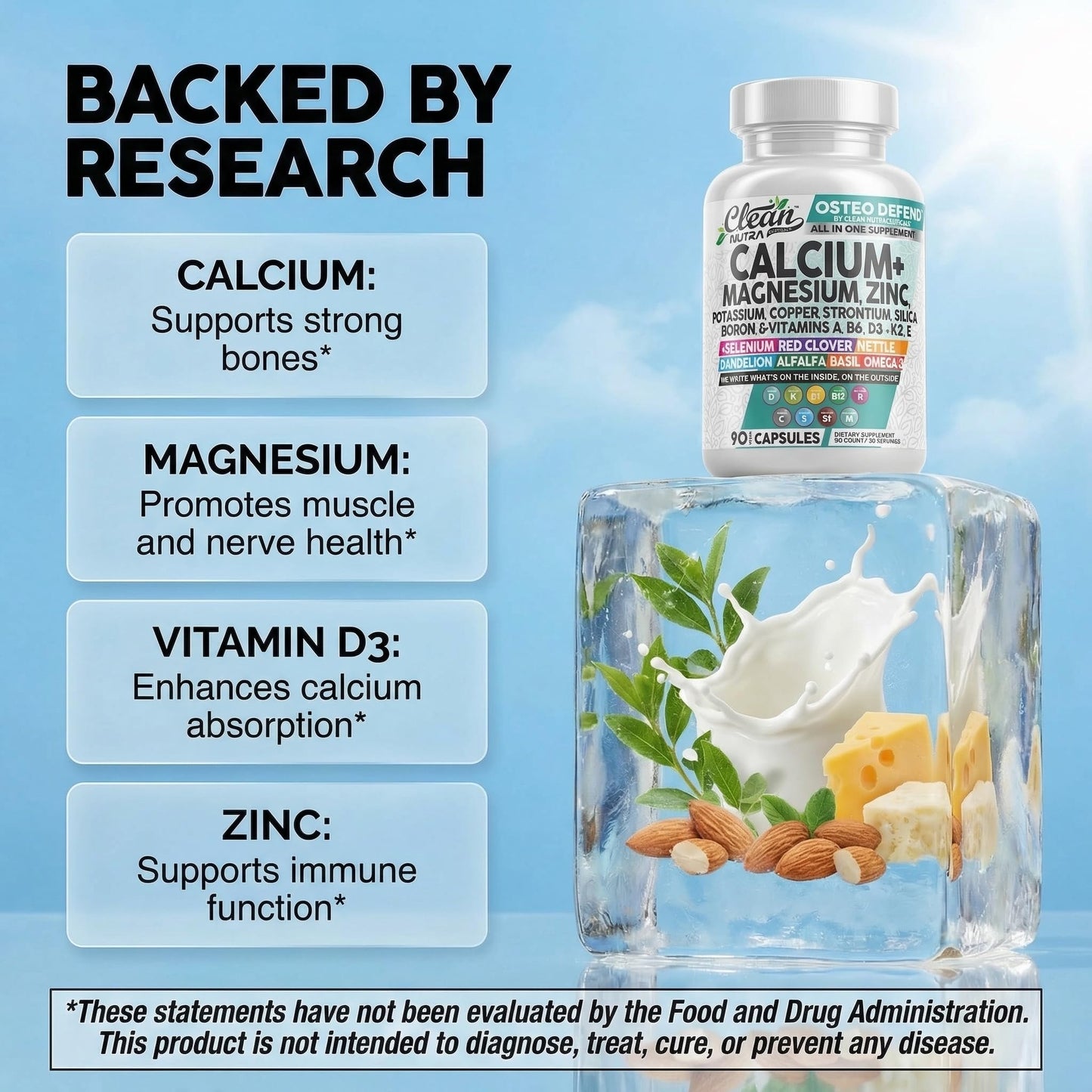 Allin1 Calcium Magnesium Zinc Supplement with Potassium, Copper, Strontium, Silica, Vitamin D3 K2, Boron, Vitamin B1 B12 Red Clover Herb Alfalfa Basil Pills for Men Clean Nutraceuticals