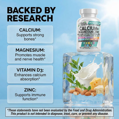 Allin1 Calcium Magnesium Zinc Supplement with Potassium, Copper, Strontium, Silica, Vitamin D3 K2, Boron, Vitamin B1 B12 Red Clover Herb Alfalfa Basil Pills for Men Clean Nutraceuticals