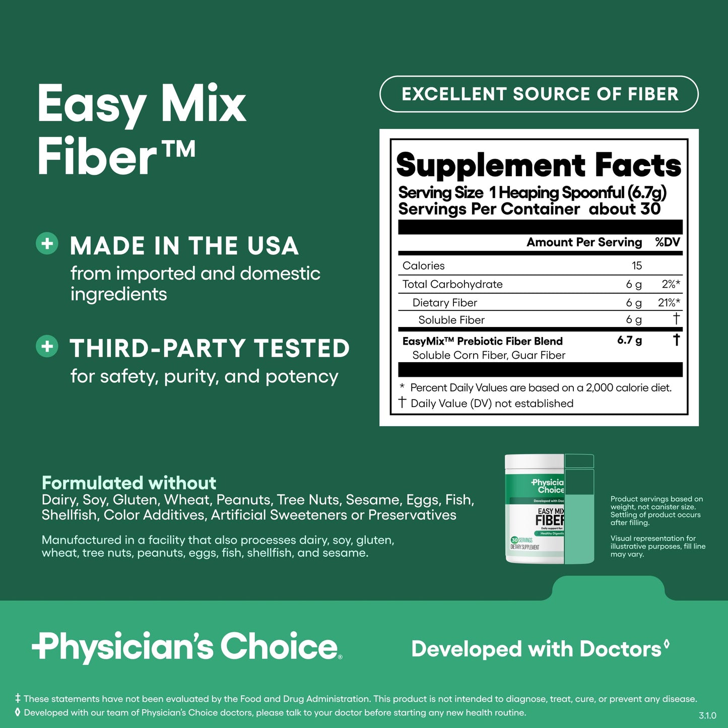 Physician's CHOICE Easy Mix Fiber for Digestive Health & Regularity - No Grit, Sugar Free, & Tasteless Physician's CHOICE