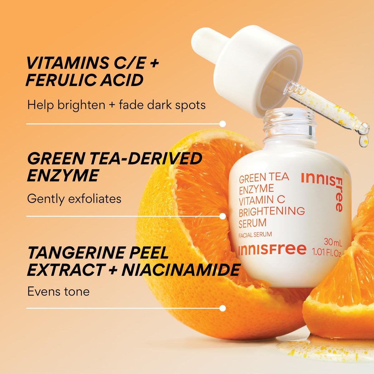Innisfree Green Tea Enzyme Vitamin C Serum for Brightening | Sunspots, Post-Breakout Marks and Dark Spot Correction | Hydrating Korean Face Serum for Radiant Glow, 1.01 Fl Oz innisfree