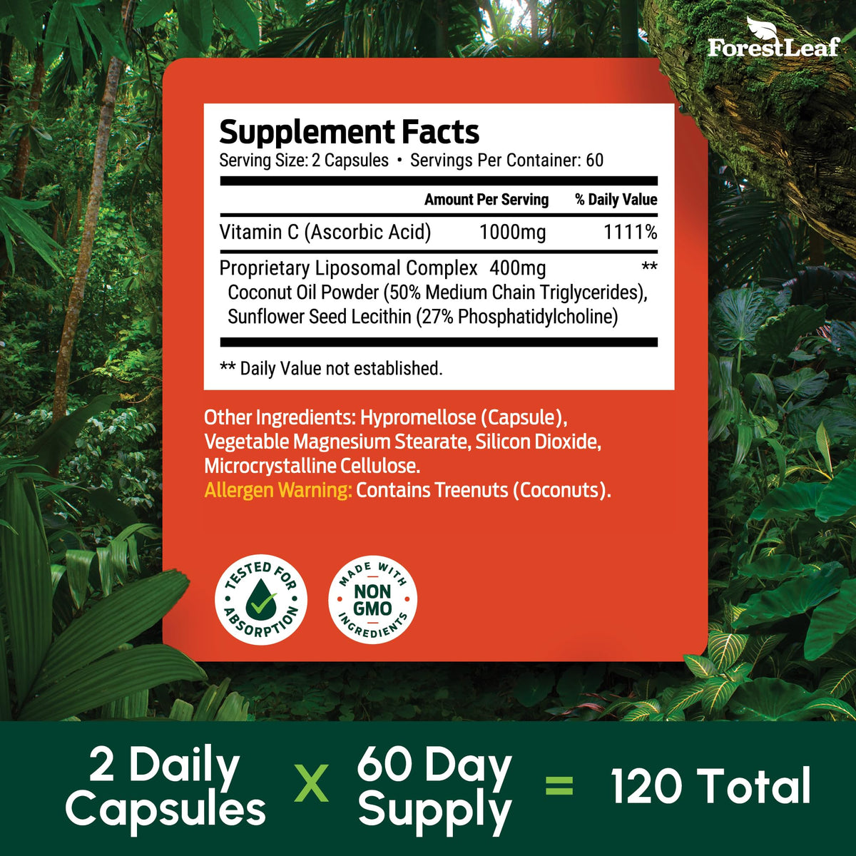 ForestLeaf Liposomal Vitamin C 1400mg Capsules | High Dose Vitamin C Liposomal Supplement w Coconut Oil Fatty Acids | Fast Absorption | Immune Support, ForestLeaf