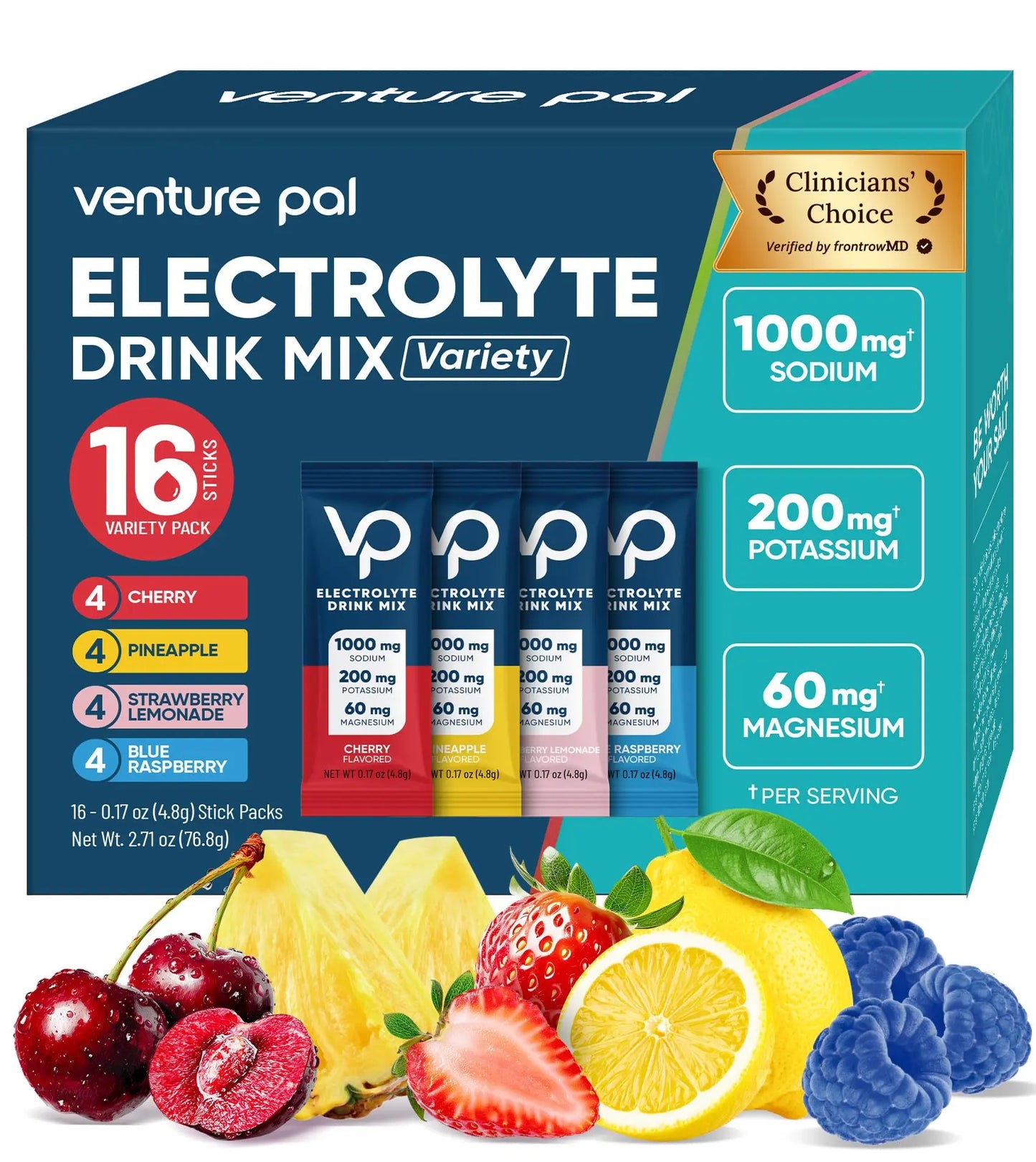 Venture Pal High Sodium Sugar Free Electrolytes Powder Packet, Zero Calories Hydration Packets with Vitamin, Sodium, Potassium & Magnesium, Electrolyte Drink Mix Venture Pal