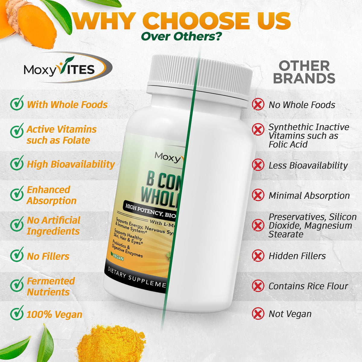 MoxyVites Vitamin B Complex - B Vitamins Whole Food Supplement, B12 Methylcobalamin, B1, B2, B3, B5, B6, B7, B9 - for Stress MoxyVites