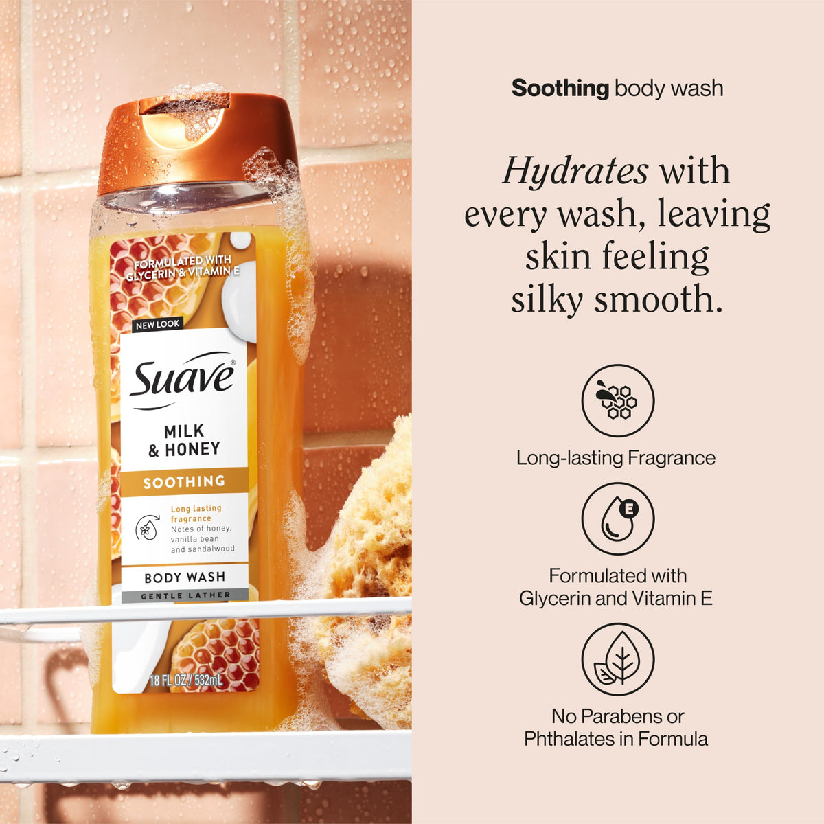 Suave Moisturizing Body Wash, with Milk & Honey and Vitamin E Extract, No Parabens, No Phtahaltes, 18 Oz Pack of 6 Suave