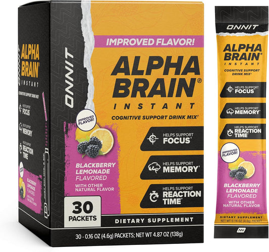 ONNIT Alpha Brain Instant Cognitive Support Drink Mix, BlackBerry Lemonade Flavor, Nootropic Supplement for Focus, Memory, and Clarity, 0.13 oz Packets, 30 Count