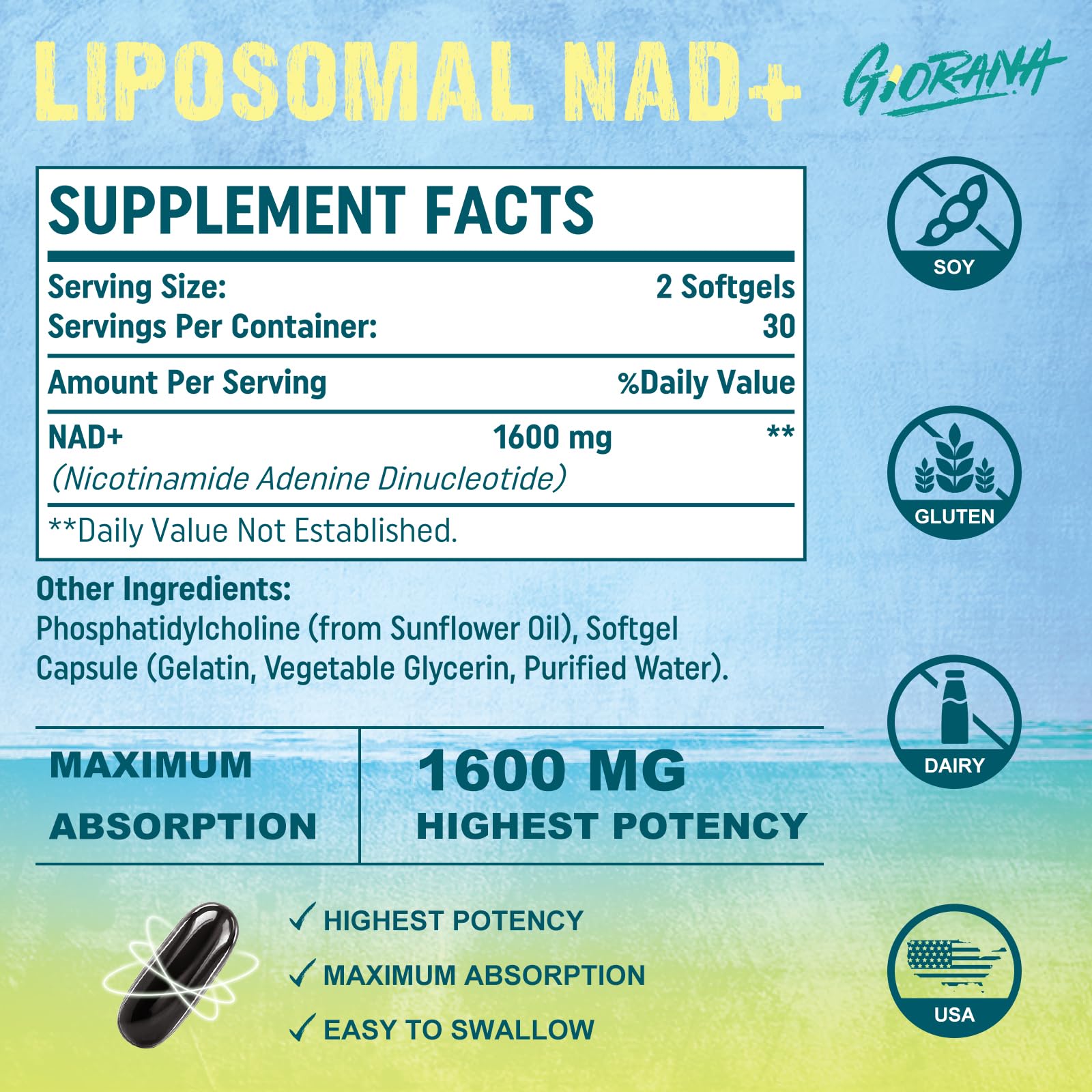 GIORANA 1600 MG Liposomal NAD+ Supplement, NAD+ Boosting Supplement, Superior Absorption, Vitamin B3 for Aging Defense, Longevity, Energy, Repair, Non-GMO, 60 Softgels GIORANA buy australia supplements