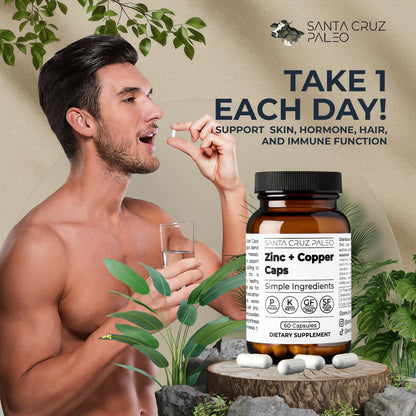 Santa Cruz Paleo, Zinc & Copper Mineral Supplement, High Absorption Formula, Zinc Supplement for Skin & Hair, L Methionine, Copper Gluconate, Trace Minerals Santa Cruz Paleo