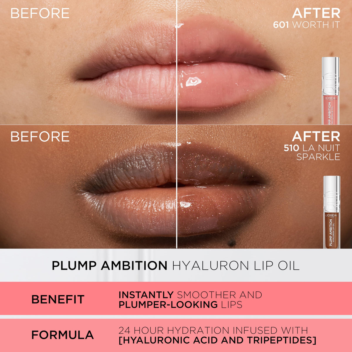 L'Oreal Paris Plump Ambition Hyaluron Lip Oil, 24 HR Lip Gloss with Hyaluronic Acid, Volumizing Formula with Glass-Like Shine, Worth It 601, 0.16 Fl Oz L'Oreal Paris