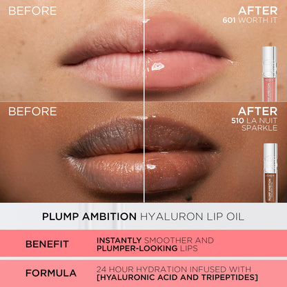 L'Oreal Paris Plump Ambition Hyaluron Lip Oil, 24 HR Lip Gloss with Hyaluronic Acid, Volumizing Formula with Glass-Like Shine, Worth It 601, 0.16 Fl Oz L'Oreal Paris