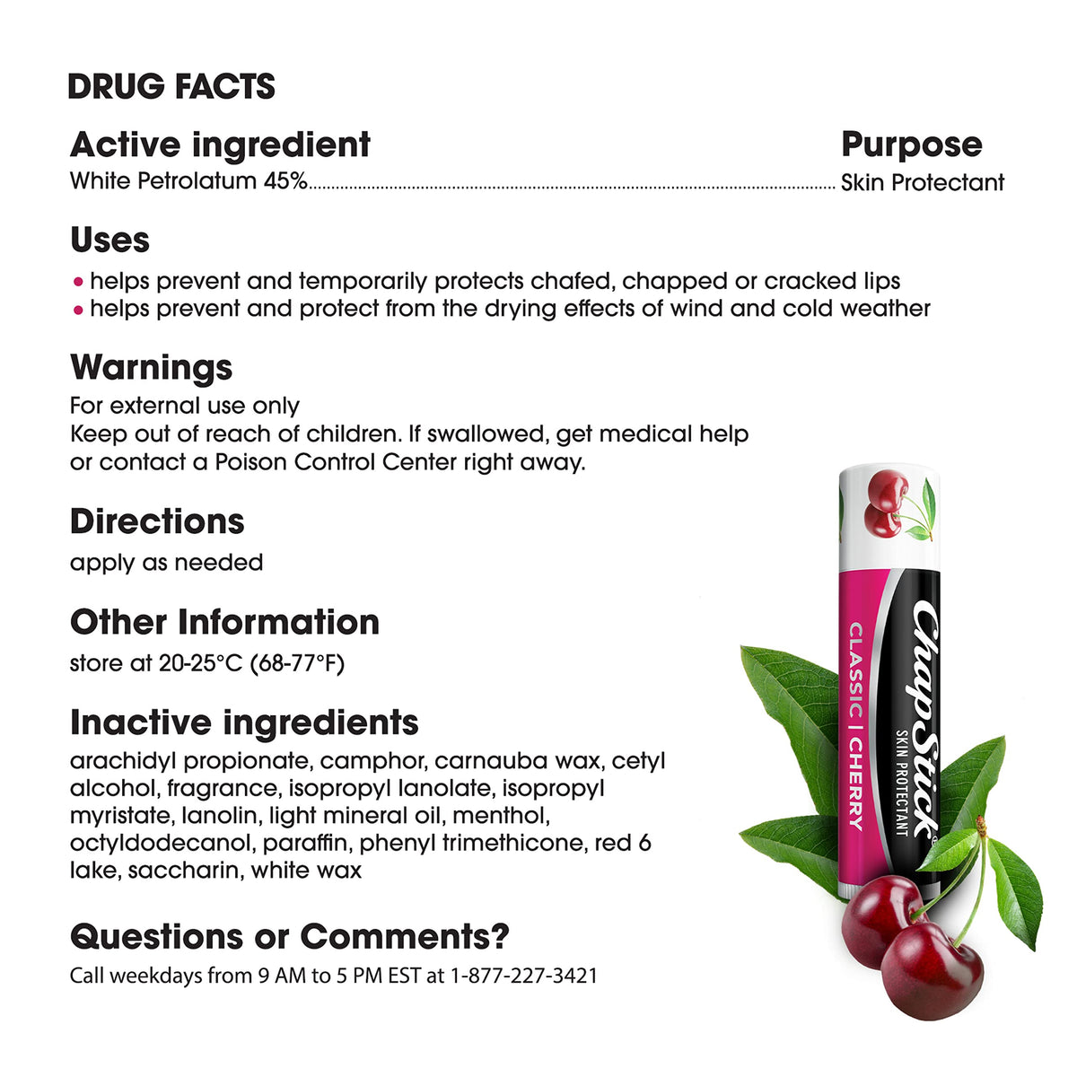 ChapStick Classic Skin Protectant Flavored Lip Balm Tube, Cherry Flavor, 0.15 Ounce (Pack of 3) ChapStick