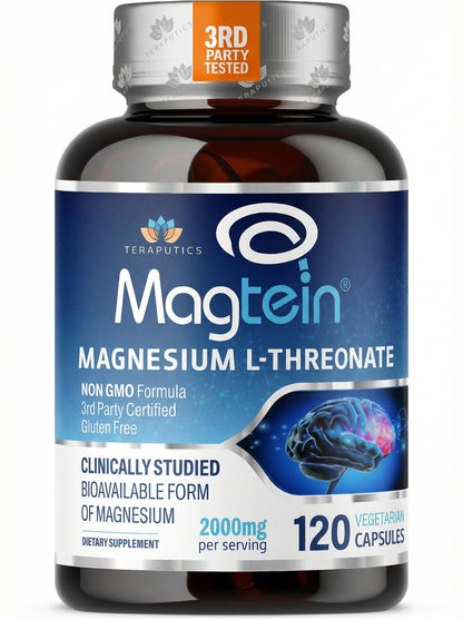 Magnesium L Threonate, Magtein, Brain Supplement for Memory, Focus, Sleep and Cognitive Support, High Absorption Magnesium L-Threonate, Non-GMO Teraputics