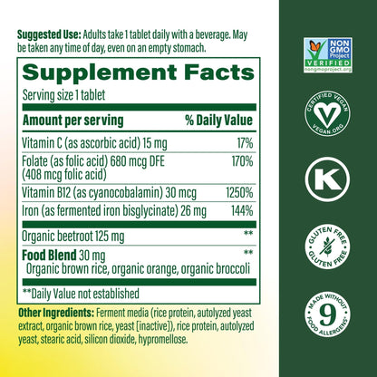 MegaFood Blood Builder Iron Supplement for Women & Men - Increase Iron Levels Without Side Effects - Combats Fatigue - with Vitamin B12, Folic Acid MegaFood