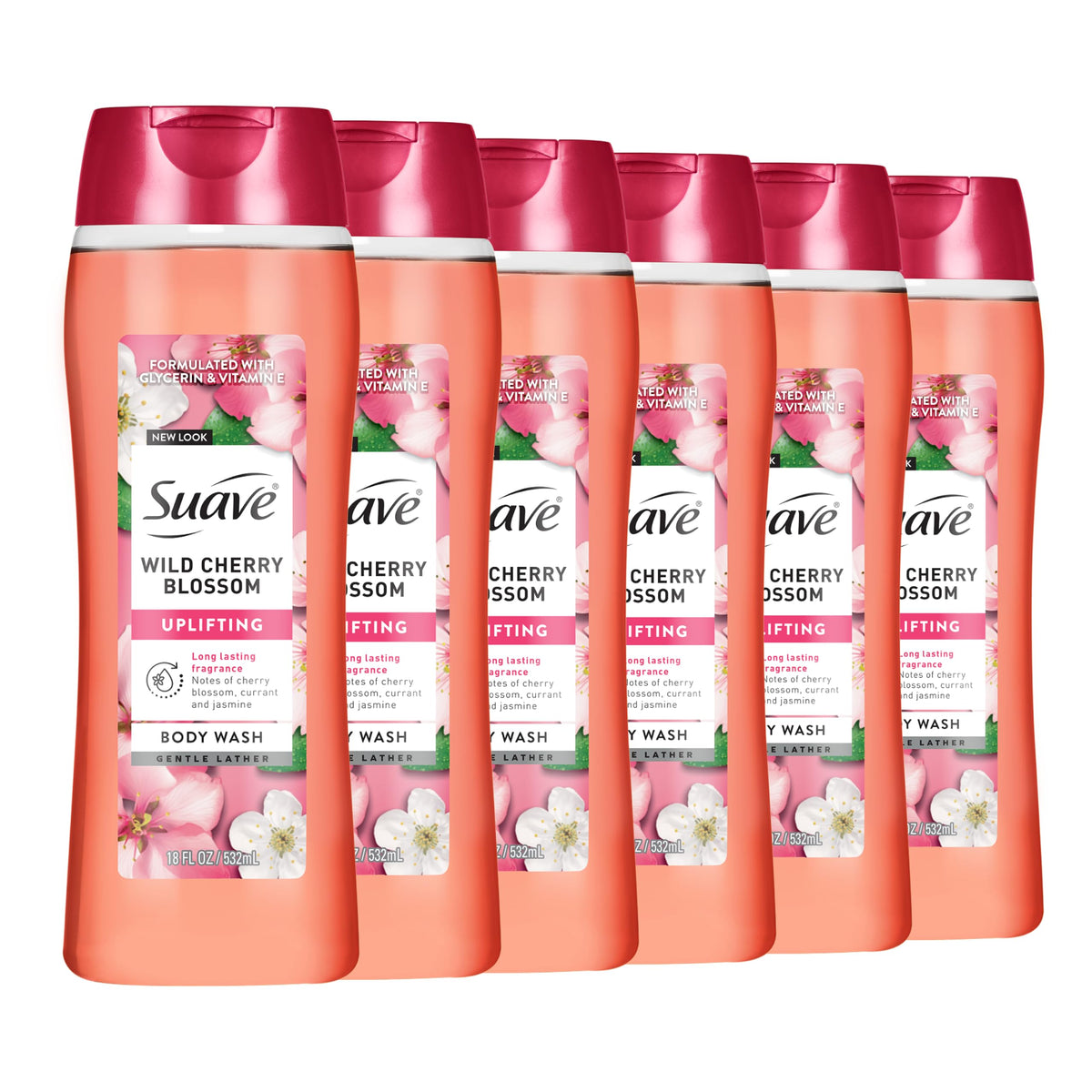Suave Moisturizing Body Wash, with Wild Cherry Blossom and Vitamin E Extract, No Parabens, No Phtahaltes, 18 Oz Pack of 6 Suave