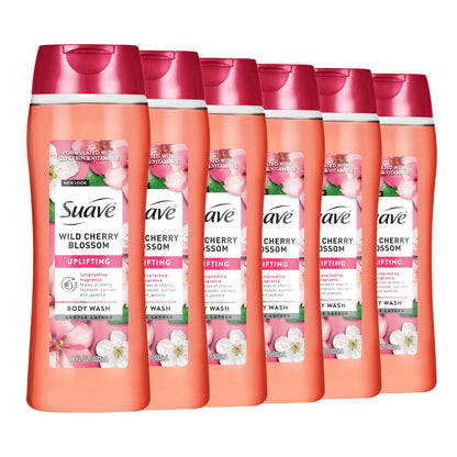 Suave Moisturizing Body Wash, with Wild Cherry Blossom and Vitamin E Extract, No Parabens, No Phtahaltes, 18 Oz Pack of 6 Suave