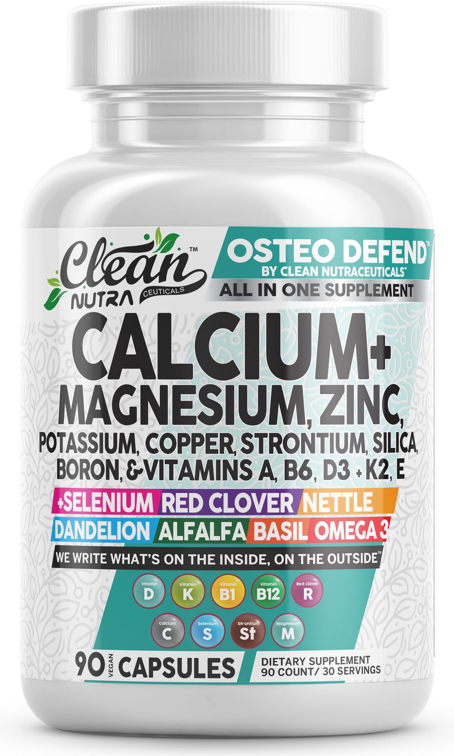 Allin1 Calcium Magnesium Zinc Supplement with Potassium, Copper, Strontium, Silica, Vitamin D3 K2, Boron, Vitamin B1 B12 Red Clover Herb Alfalfa Basil Pills for Men Clean Nutraceuticals