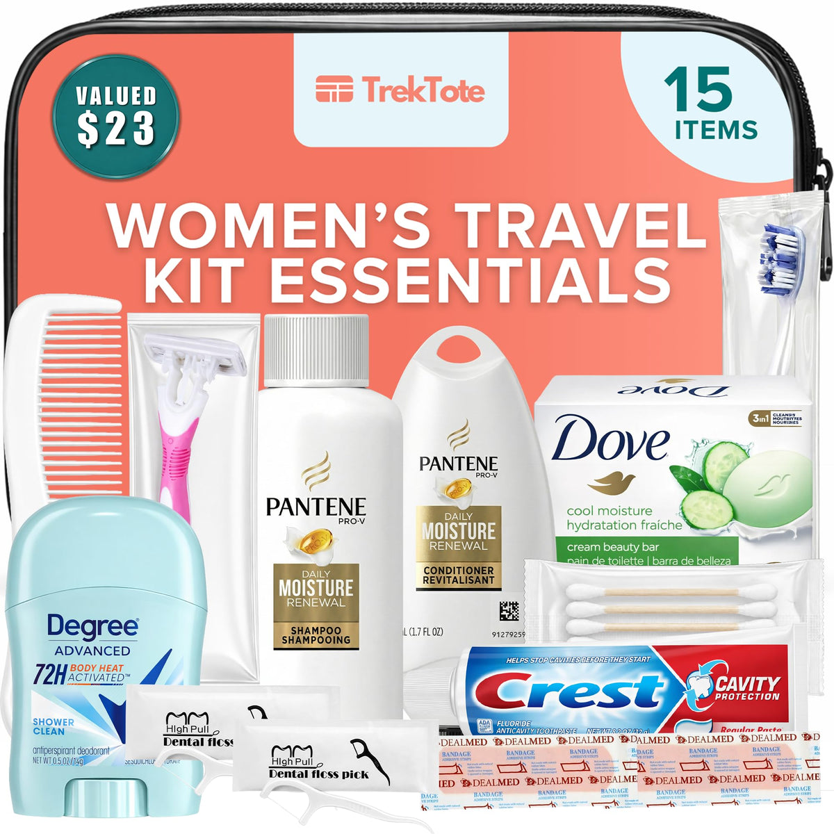 15-Piece Women’s Travel Toiletry Kit – With Premium Brand-Name Toiletries TREKTOTE