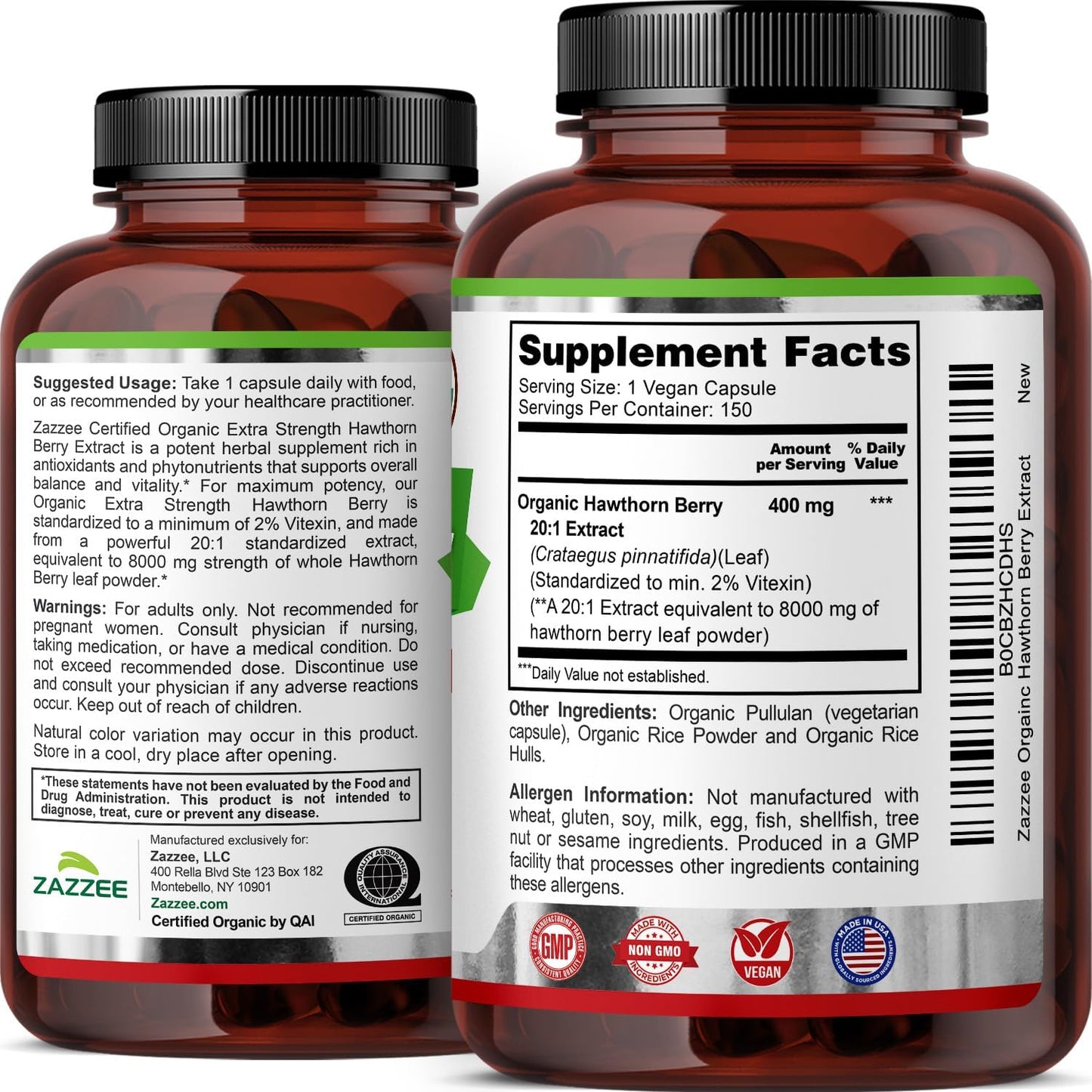 Zazzee USDA Organic Hawthorn Berry 20:1 Extract, 2% Vitexin, 150 Capsules | 5 Month Supply, Vegan, Crataegus Pinnatifida, Antioxidant & Circulation Support, Herbal Supplement, Non-GMO, Made in the USA Gsupps Australia