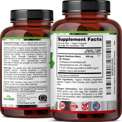 Zazzee USDA Organic Hawthorn Berry 20:1 Extract, 2% Vitexin, 150 Capsules | 5 Month Supply, Vegan, Crataegus Pinnatifida, Antioxidant & Circulation Support, Herbal Supplement, Non-GMO, Made in the USA Gsupps Australia