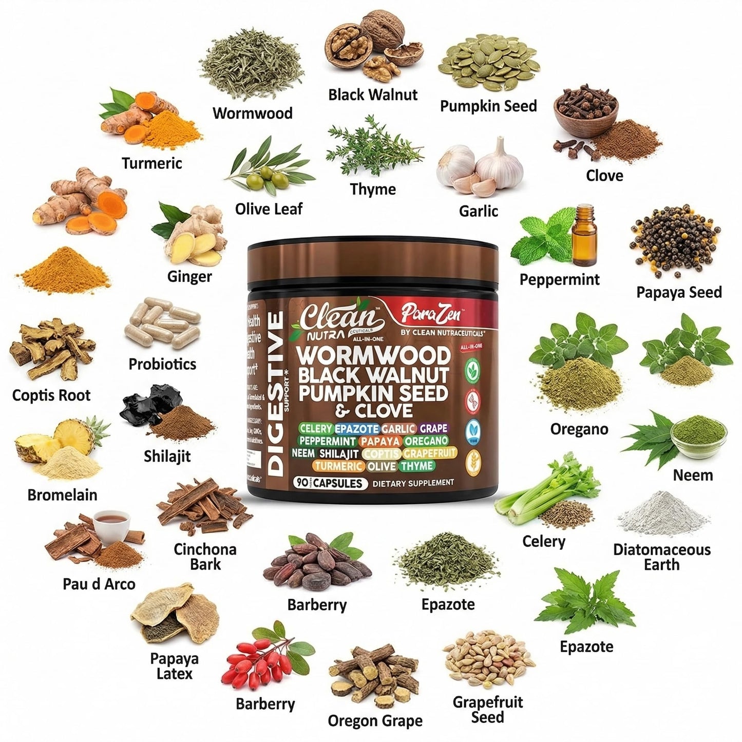 Clean Nutra Wormwood Black Walnut Pumpkin Seed Clove Oil Celery Garlic Grape Papaya Neem Diatomaceous Earth Womens Probiotic Gut Health Cleanse Detox Oregano Clean Nutraceuticals