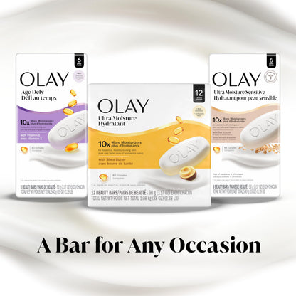 Olay Beauty Bar, Ultra Moisture,10x More Moisturizers, Nourishing Conditioners, Smooth & Gentle on Skin, Vitamin B3 Complex, For All Skin Types, Shea Butter Scent, 3.17 oz, (Pack of 12) Olay