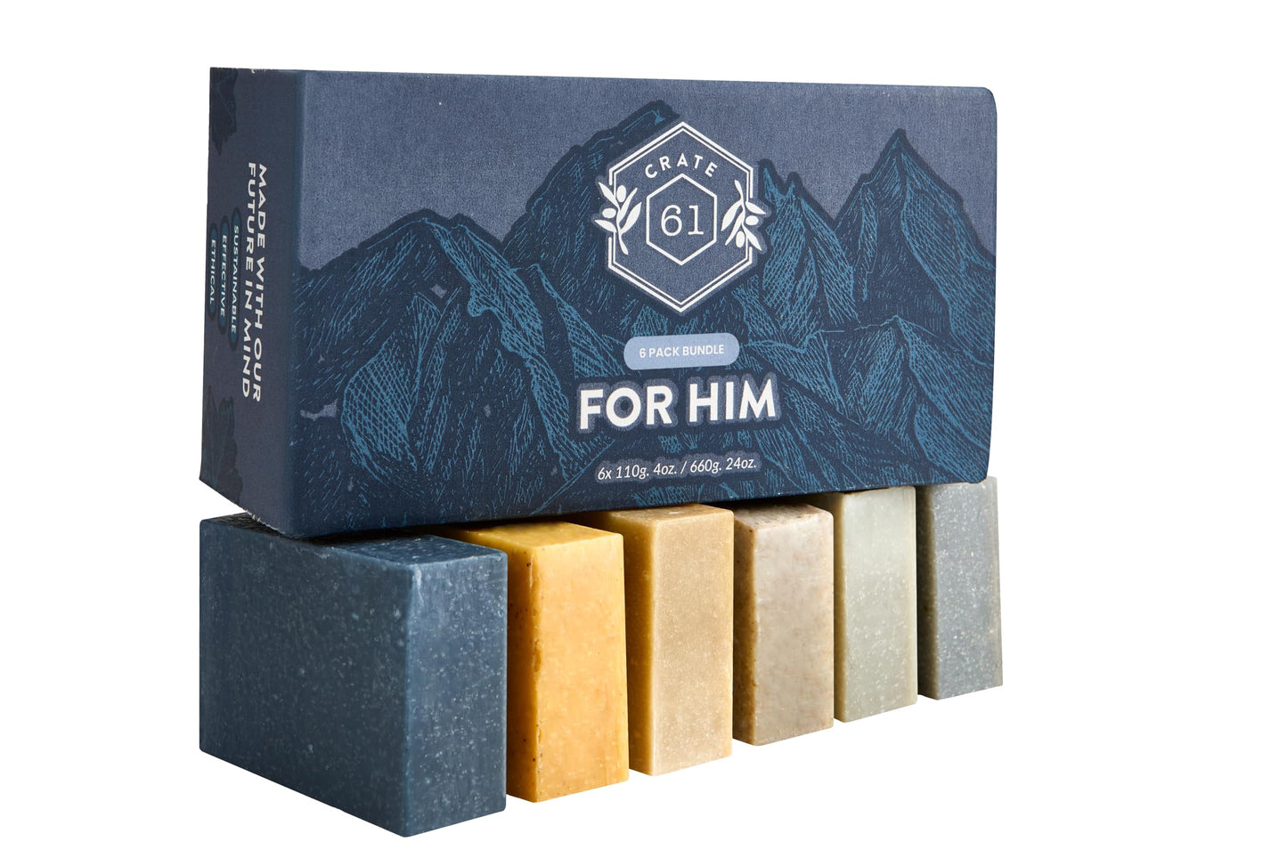 Crate 61 Organics, Handmade in Canada, Plant Based Cold Process Natural Bar Soap, With Premium Essential Oils, Dry Skin, Pack of 6 (For Him) Crate 61 Organics