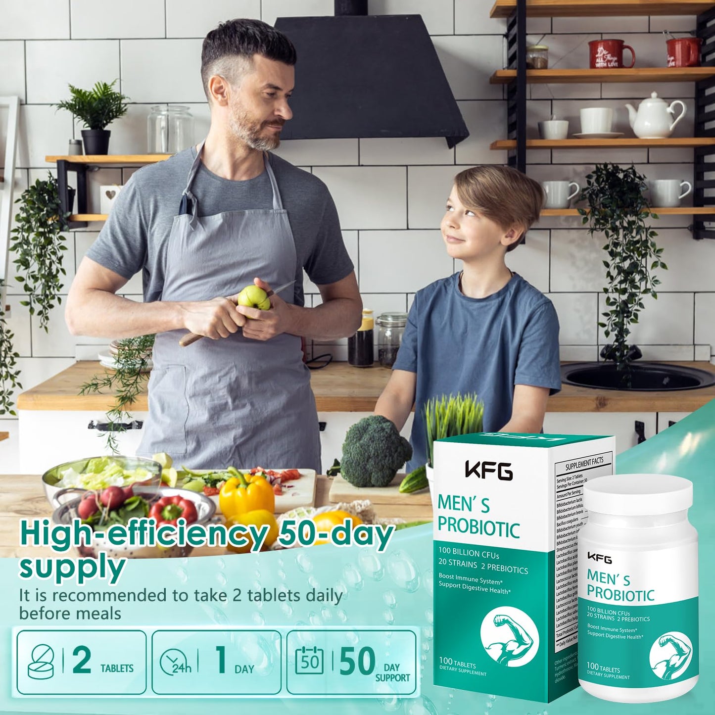 KFG Probiotic Supplement 100 Billion CFU, 20 Strains, 2 Prebiotics and Digestive Enzymes, Supports Digestion, Immune Support, Gut Health and Metabolism, Non-GMO, KFG