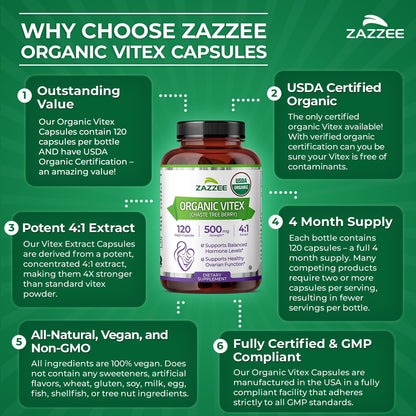 Zazzee USDA Organic Vitex 4:1 Extract, 120 Vegan Capsules, 4 Month Supply | Chaste Berry, Hormonal Balance & Cycle Support for Women, Certified Kosher, Vitex Agnus-Castus, Non-GMO, Made in the USA Gsupps Australia