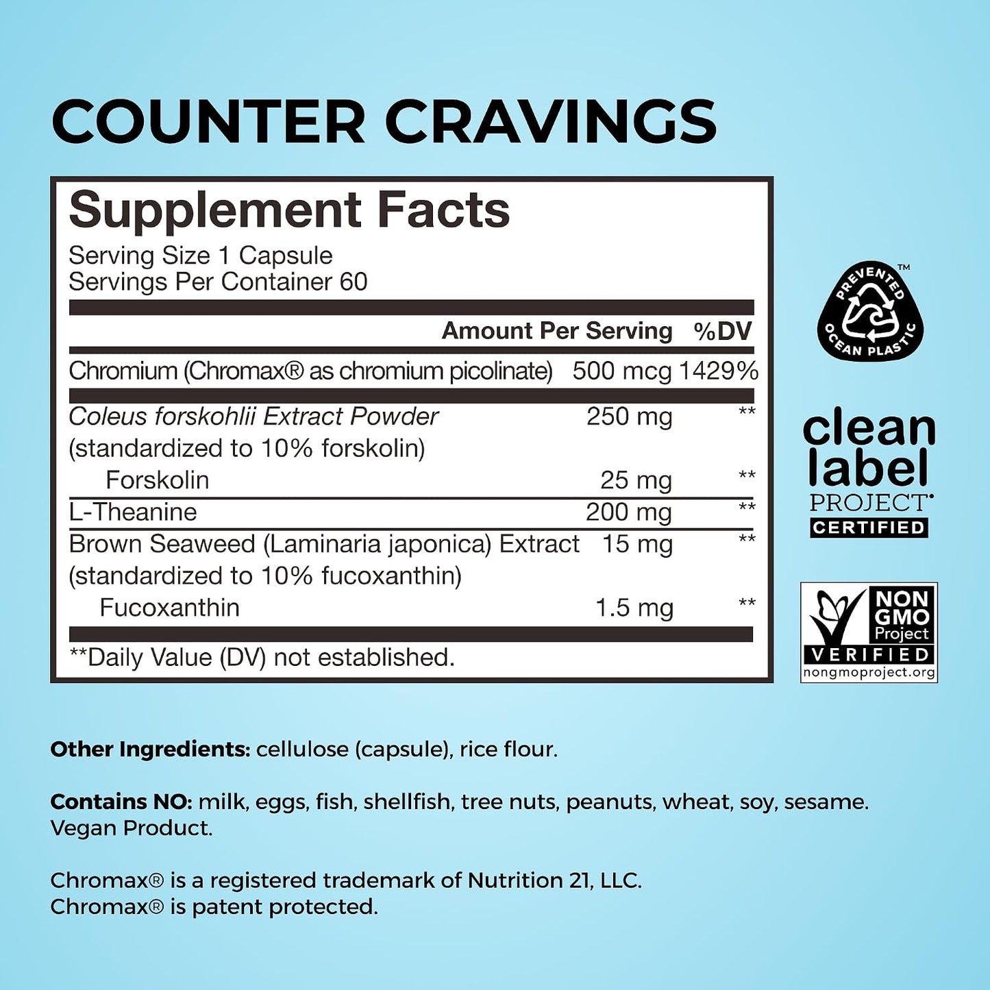 HUM Counter Cravings Chromium Supplements with L Theanine, Seaweed Extract & Forskolin to Help Support Appetite, Cravings, and Routines, Gluten Free, Caffeine Free Formula, 60 Vegan Capsules
