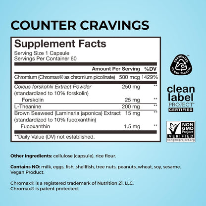 HUM Counter Cravings Chromium Supplements with L Theanine, Seaweed Extract & Forskolin to Help Support Appetite, Cravings, and Routines, Gluten Free, Caffeine Free Formula, 60 Vegan Capsules