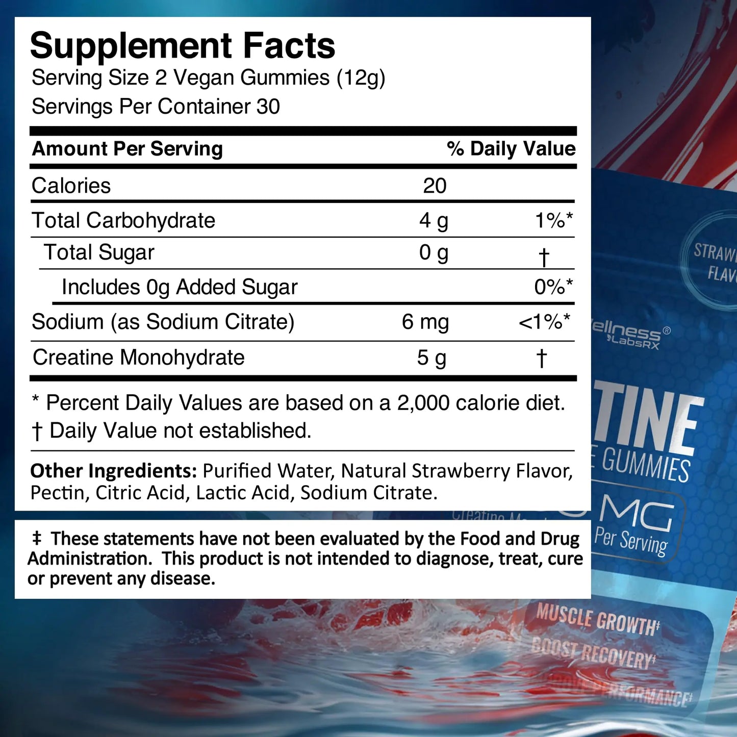 Creatine Gummies 5000mg, 30 Servings Creatine Monohydrate Gummies - Third-Party Tested Creatine for Women, Strawberry Flavor Creatine for Men, Muscle Growth, WELLNESS LABSRX