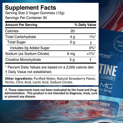 Creatine Gummies 5000mg, 30 Servings Creatine Monohydrate Gummies - Third-Party Tested Creatine for Women, Strawberry Flavor Creatine for Men, Muscle Growth, WELLNESS LABSRX