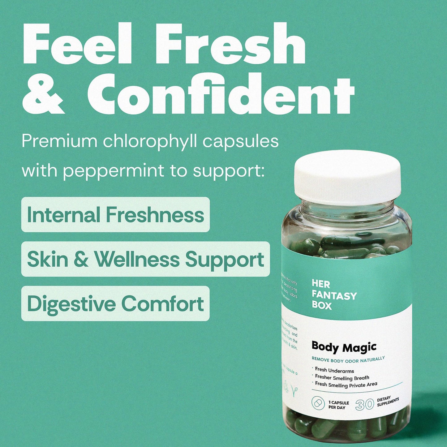 Her Fantasy Box | Body Magic | Chlorophyll Capsules - 30 Vegan Capsules for Detox, Digestion, Gut Health, Skin Support Her Fantasy Box