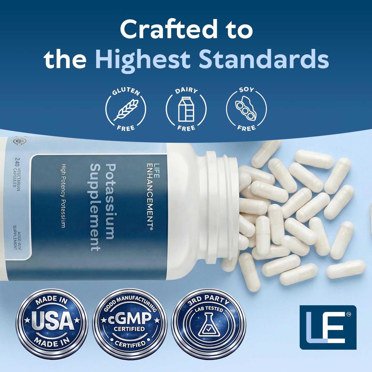 Life Enhancement High Potency 1020 mg Potassium Supplement for Muscle, Brain & Bone Health - No Additives High Absorption Elemental Potassium Supplement Life Enhancement