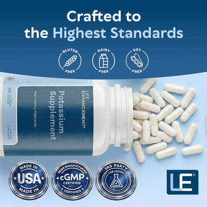 Life Enhancement High Potency 1020 mg Potassium Supplement for Muscle, Brain & Bone Health - No Additives High Absorption Elemental Potassium Supplement Life Enhancement