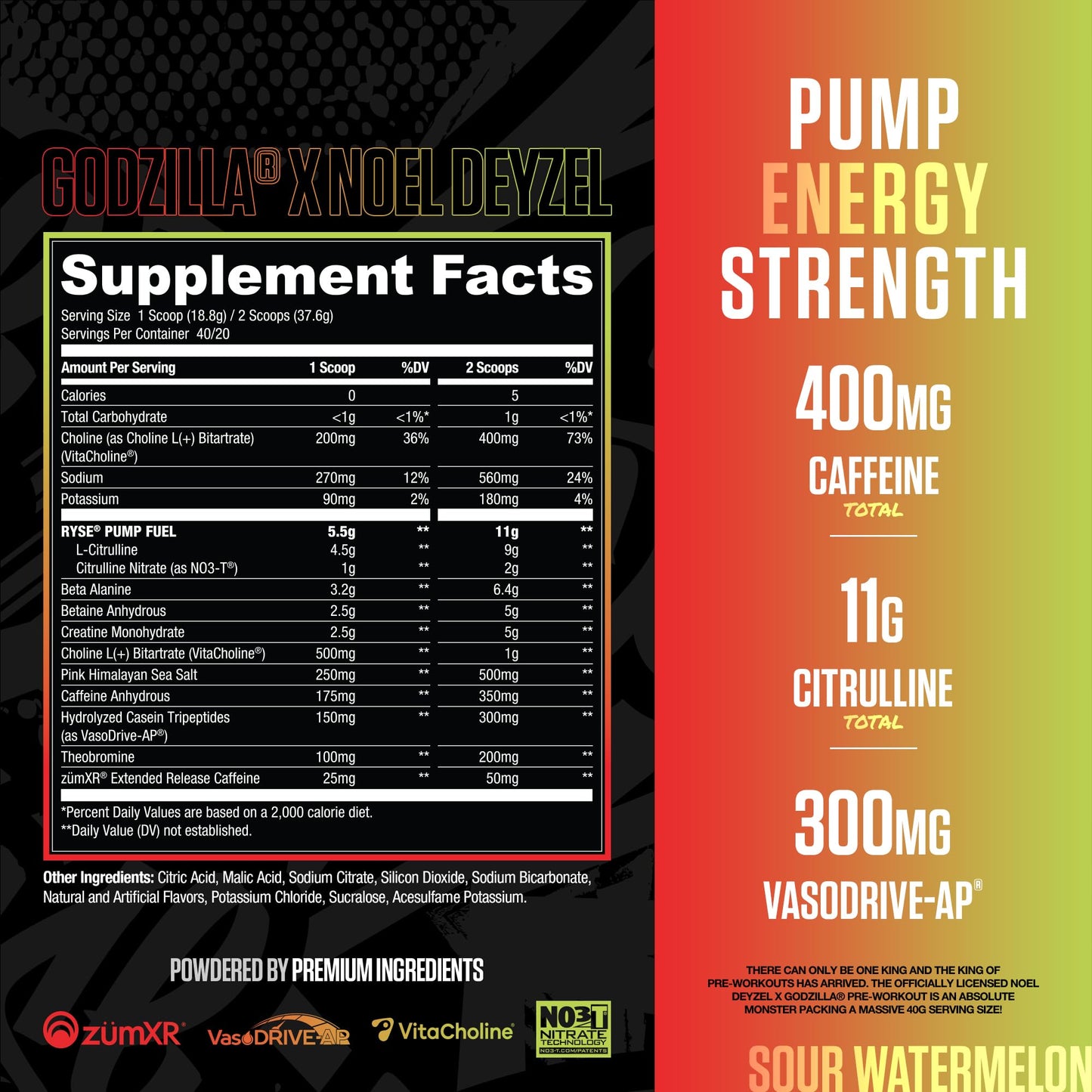 RYSE Godzilla X Noel Deyzel Pre Workout Powder - Monsterberry Lime - 400mg Caffeine, High Stim Pre-Workout for Men & Women with Citrulline & Beta Alanine - Energy, Pump & Focus - 20/40 Servings