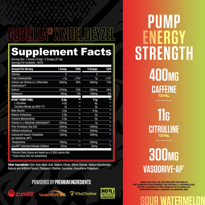 RYSE Godzilla X Noel Deyzel Pre Workout Powder - Monsterberry Lime - 400mg Caffeine, High Stim Pre-Workout for Men & Women with Citrulline & Beta Alanine - Energy, Pump & Focus - 20/40 Servings
