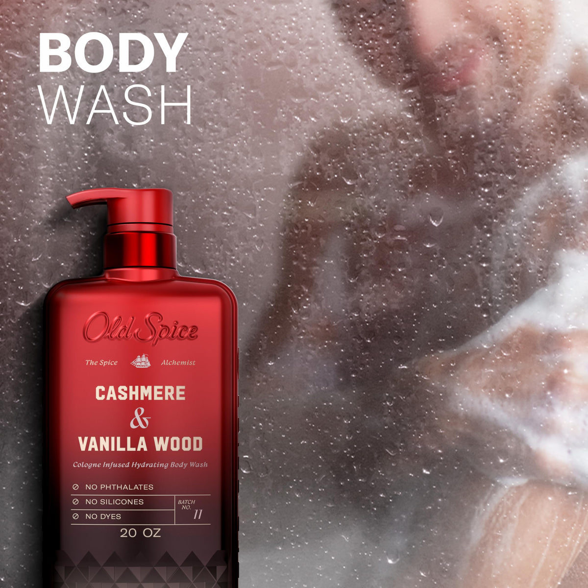 Old Spice Body Wash for Men, The Spice Alchemist Collection, 24/7 Cologne Infused Hydration, No Trade Off Formula, Free of Phthalates Silicones & Dyes, Cashmere + Vanilla Wood Scent, 20 oz Old Spice