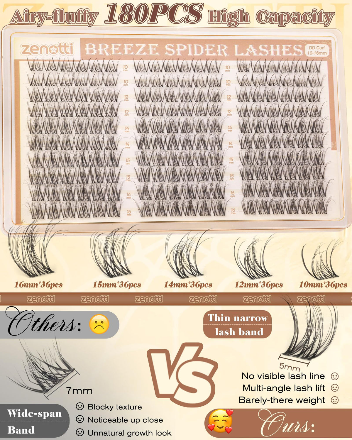 Spider Breeze Lash Clusters DD Curl 180PCS Natural Eyelash Clusters Wispy Cluster Eyelash Extensions Breeze Venus Lashes Cluster with Invisible Band Kim K Style Eyelash Extensions by zenotti zenotti