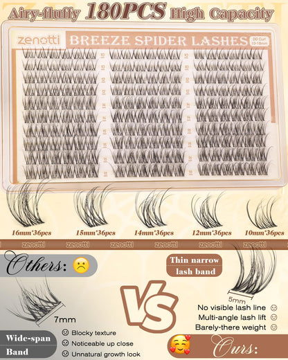 Spider Breeze Lash Clusters DD Curl 180PCS Natural Eyelash Clusters Wispy Cluster Eyelash Extensions Breeze Venus Lashes Cluster with Invisible Band Kim K Style Eyelash Extensions by zenotti zenotti